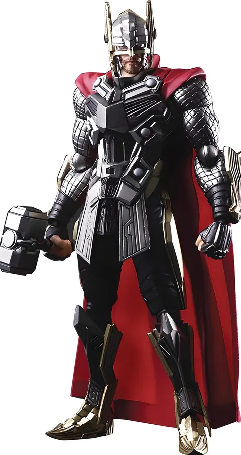Action figure di Thor Variant Bring Arts, in piedi con armatura metallica, mantello rosso e Mjolnir in mano.