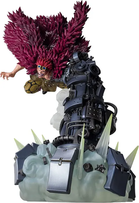 Statuetta Eustass Kid Monsters on Onigashima di One Piece con braccio meccanico gigante e base rocciosa.