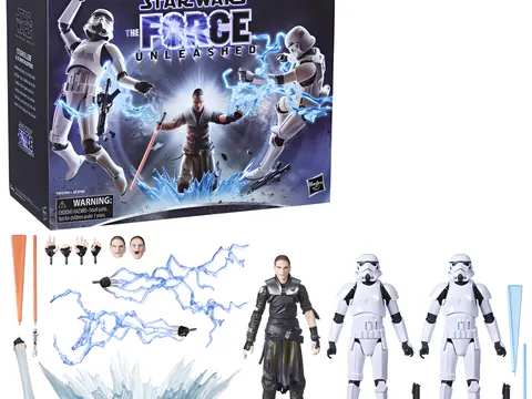 Action figure Starkiller e Stormtrooper Star Wars The Black Series con scatola, accessori e fulmini di Forza