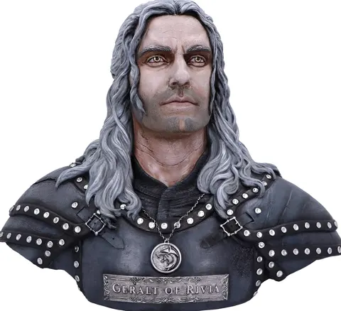 Busto ufficiale di Geralt di Rivia da The Witcher, 39,5 cm, con armatura borchiata e medaglione del lupo.